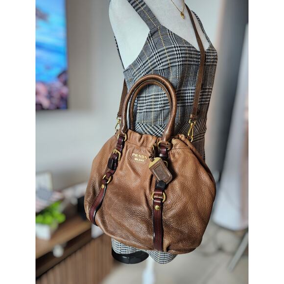 Prada Ombre Brown Deerskin Leather Vitellon Cervo Two Way Tote Bag Made in Italy - Picture 11 of 16